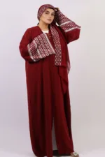 Solidarity Embroidery Keffiyeh Abaya with Matching Hijab - Crimson Moon - Image 3
