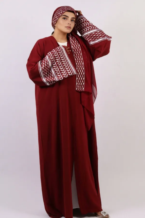 Solidarity Embroidery Keffiyeh Abaya with Matching Hijab - Crimson Moon - Image 3