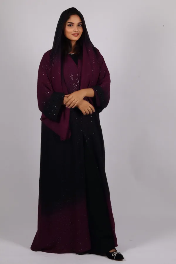 Mehtab Sparkling Glitter Dual Tone Abaya with Front Open - Burgundy Blaze - Image 5