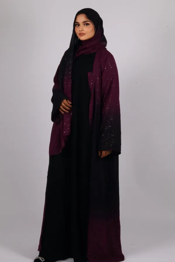 Mehtab Sparkling Glitter Dual Tone Abaya with Front Open - Burgundy Blaze - Image 3
