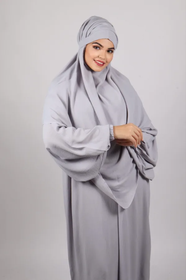 Elyssa Premium Crinkled Cotton Jazz Abaya Set with complimentary Khimar - Classic Grey - Image 2