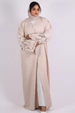 Haseen Embroidered Linen Open Abaya - Creme - Image 5