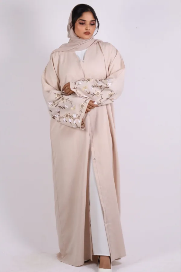 Haseen Embroidered Linen Open Abaya - Creme - Image 5