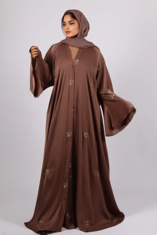 Zahra Full Umbrella Front Open Floral Embroidery Abaya - Espresso - Image 4