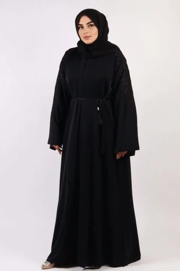 Marhaba Front Open Arabian Embroidery Abaya - Black - Image 4