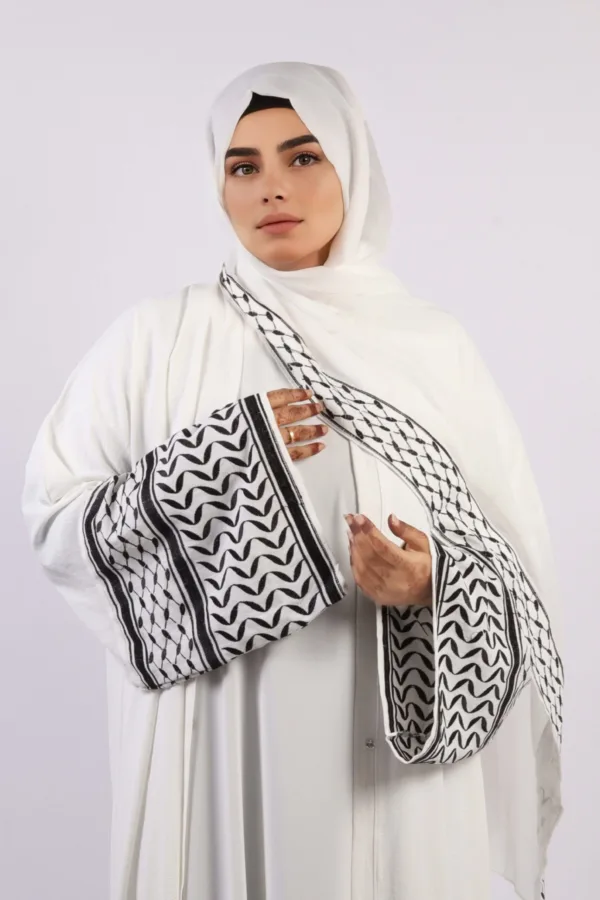 B56CE6A3-8BF3-486E-994B-30AAA736C9EB.jpeg Solidarity Embroidery Keffiyeh Abaya with Matching Hijab - Original White - Image 1