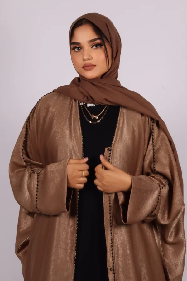 Nadira Luxury Kaftan Front Open with Black Diamond Trim - Classy Gold - Image 3