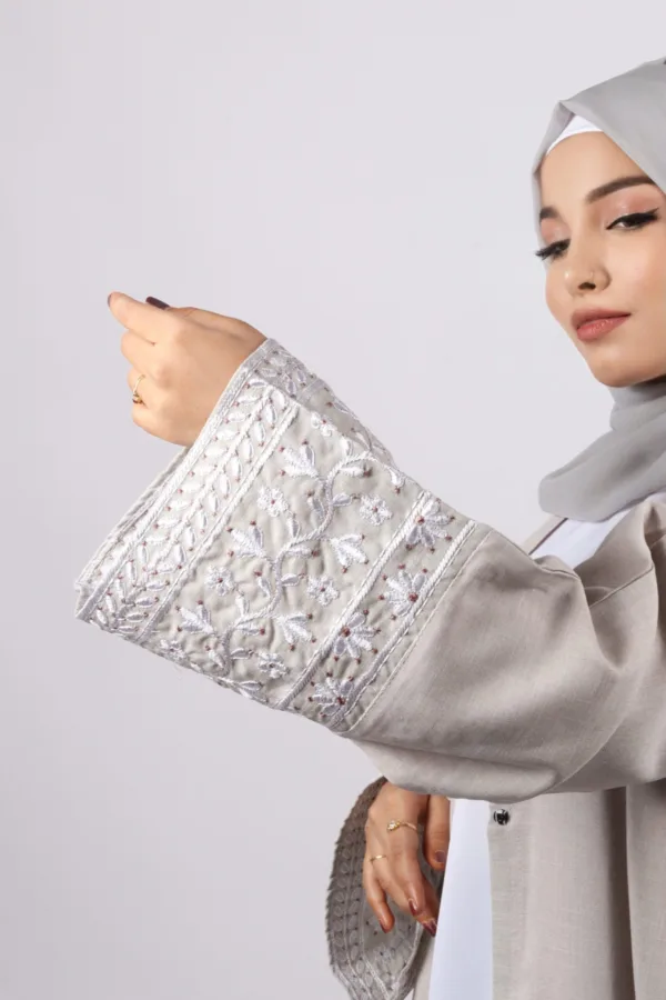 Haseen Embroidered Linen Open Abaya - Silver Ash - Image 1