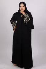 Haseen Embroidered Linen Open Abaya - Black - Image 5