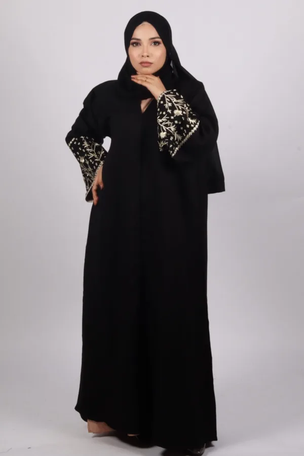 Haseen Embroidered Linen Open Abaya - Black - Image 5