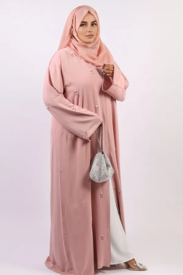 Warda Front Open Luxury Floral Handwork Abaya - Pastel Rose - Image 1