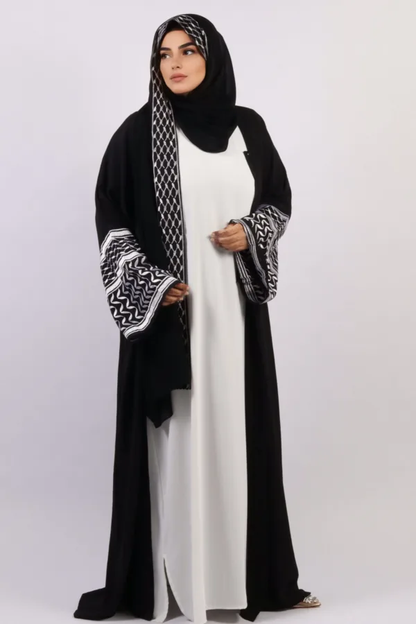 Solidarity Embroidery Keffiyeh Abaya with Matching Hijab - Midnight Black - Image 5