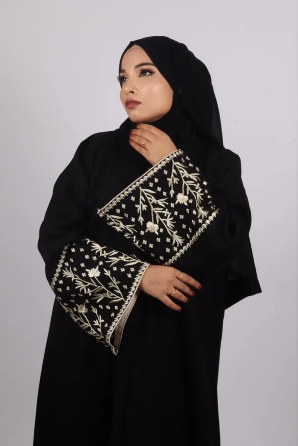 Haseen Embroidered Linen Open Abaya - Black - Image 1