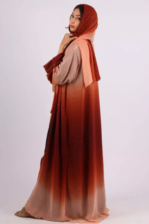 Mehtab Sparkling Glitter Dual Tone Abaya with Front Open - Sahara Sand - Image 1