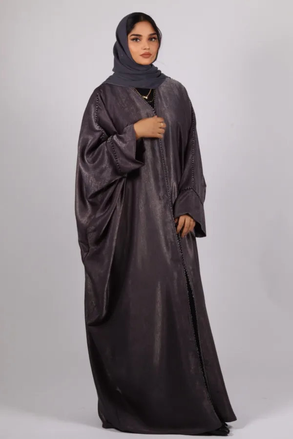 Nadira Luxury Kaftan Front Open with Black Diamond Trim - Platinum - Image 3
