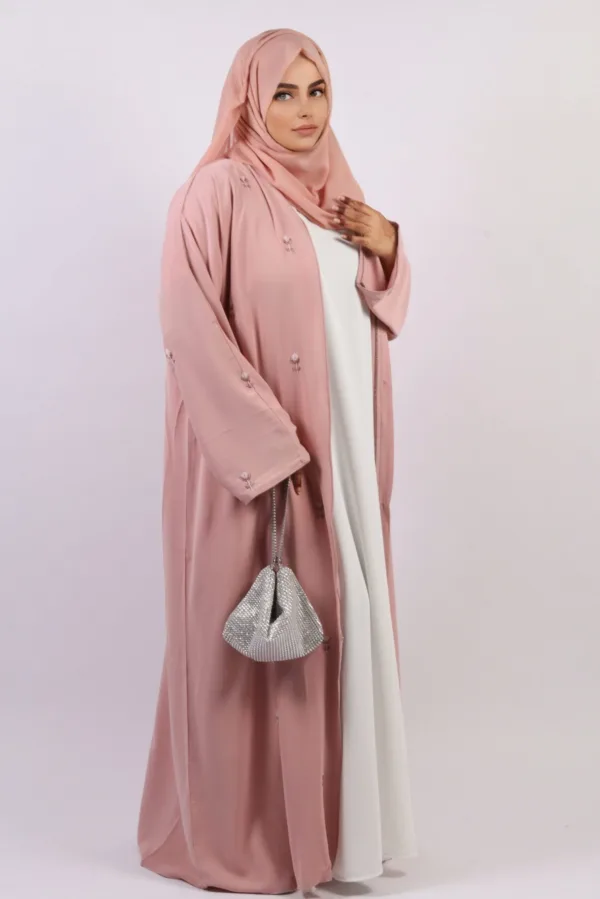 Warda Front Open Luxury Floral Handwork Abaya - Pastel Rose - Image 3