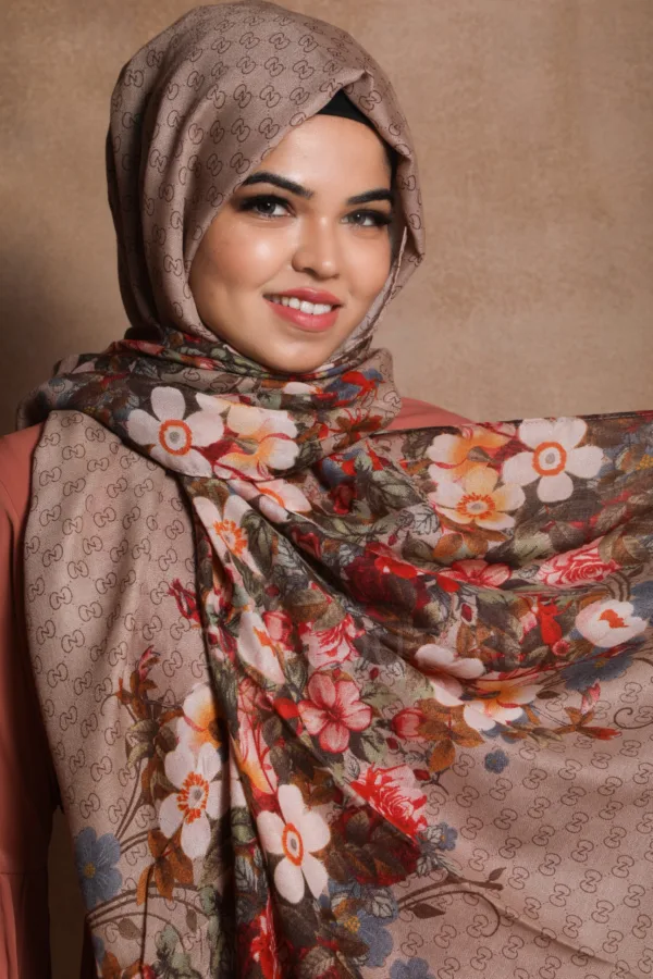Golden Beige Floral Premium Viscose Hijab - Image 2