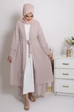 Zara Double Layer Open Abaya Dress - Greige - Image 4