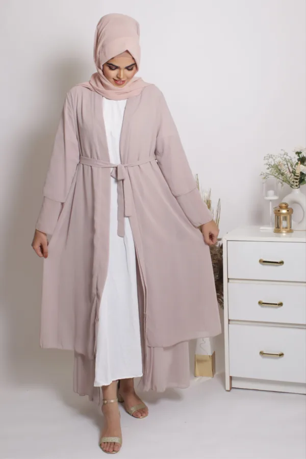 Zara Double Layer Open Abaya Dress - Greige - Image 4