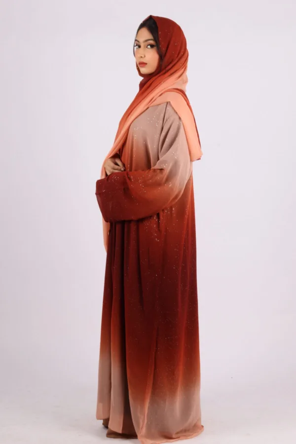 Mehtab Sparkling Glitter Dual Tone Abaya with Front Open - Sahara Sand - Image 6