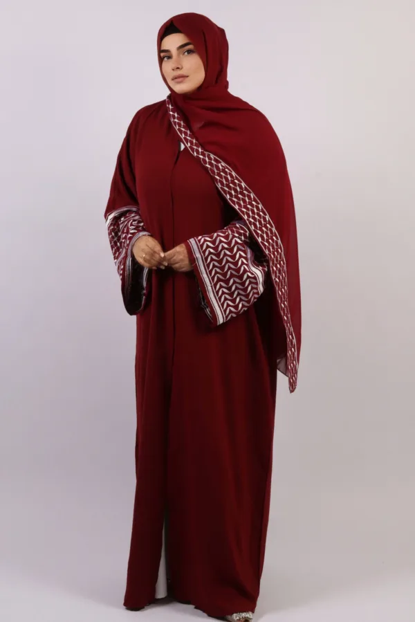 Solidarity Embroidery Keffiyeh Abaya with Matching Hijab - Crimson Moon - Image 2