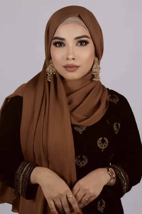 DE3D8A12-D91B-4C07-B0F7-1BFCBAB87F4F.jpeg Cookie Brown Muna Satin Hijab - Image 1
