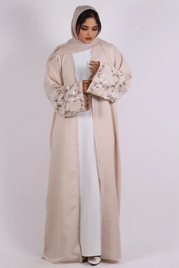 Haseen Embroidered Linen Open Abaya - Creme - Image 2