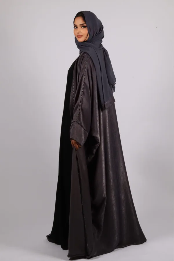 Nadira Luxury Kaftan Front Open with Black Diamond Trim - Platinum - Image 5