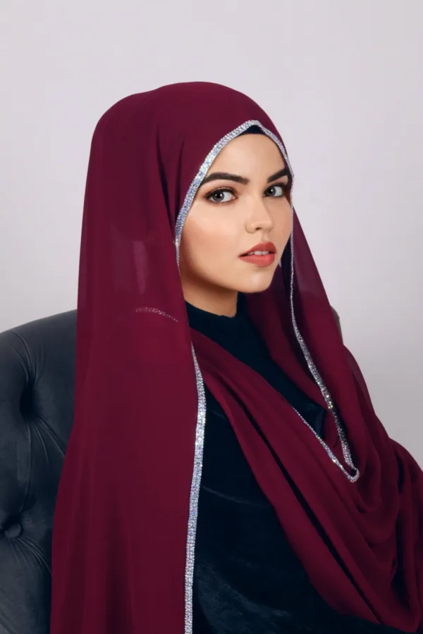 Bridal Maroon Crystal Hijab - Image 2