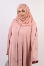 Warda Front Open Luxury Floral Handwork Abaya - Pastel Rose - Image 2