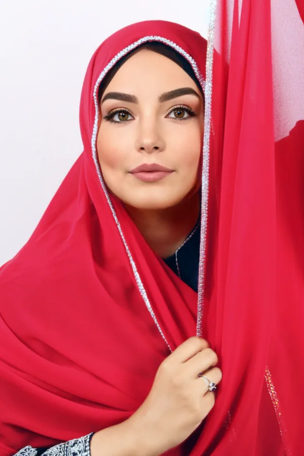 Bridal Red Crystal Hijab - Image 2