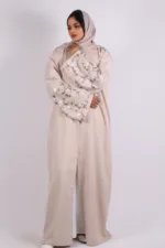 Haseen Embroidered Linen Open Abaya - Creme - Image 4