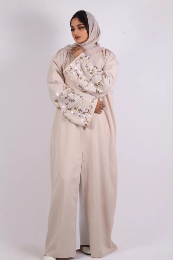 Haseen Embroidered Linen Open Abaya - Creme - Image 4