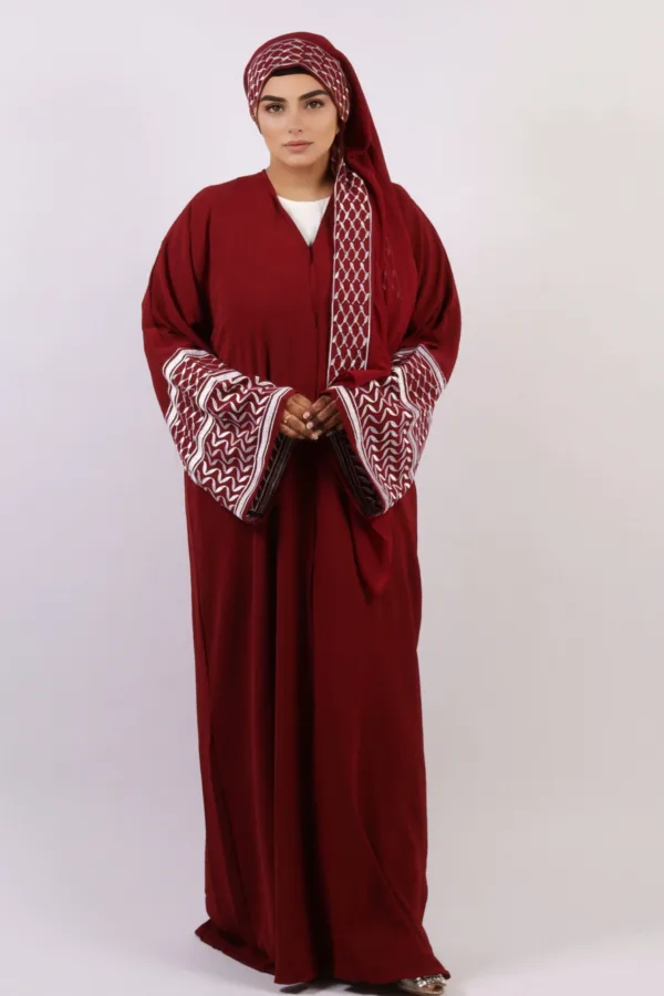 Solidarity Embroidery Keffiyeh Abaya with Matching Hijab - Crimson Moon - Image 1