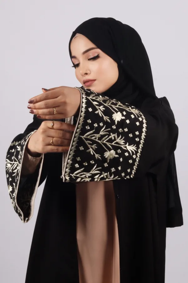 Haseen Embroidered Linen Open Abaya - Black - Image 4