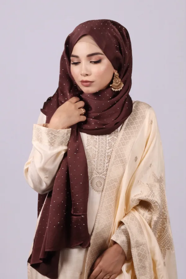Brown Rhinestone Silk Hijab - Image 2