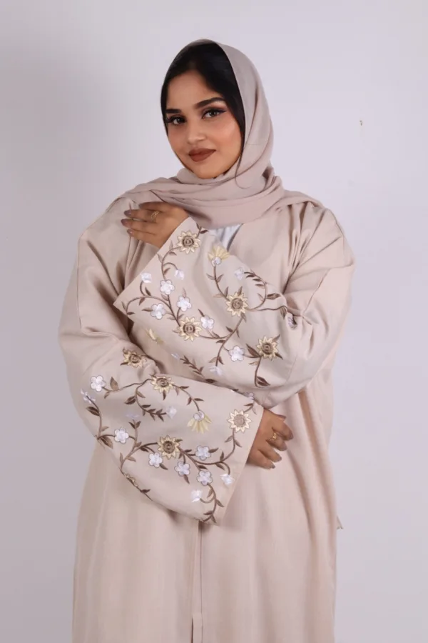 Haseen Embroidered Linen Open Abaya - Creme - Image 3