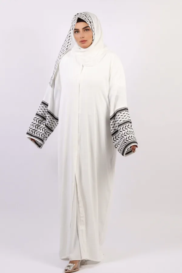 Solidarity Embroidery Keffiyeh Abaya with Matching Hijab - Original White - Image 6