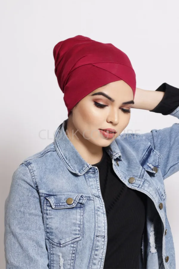 Maroon Red Criss Cross Tube Hijab Cap - Image 2