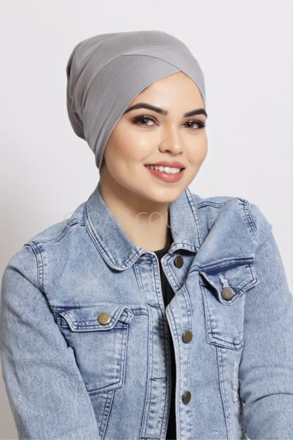 Grey Criss Cross Tube Hijab Cap - Image 1