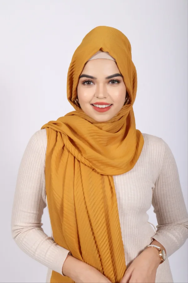 Gold Mustard Cotton Pleated Hijab - Image 1