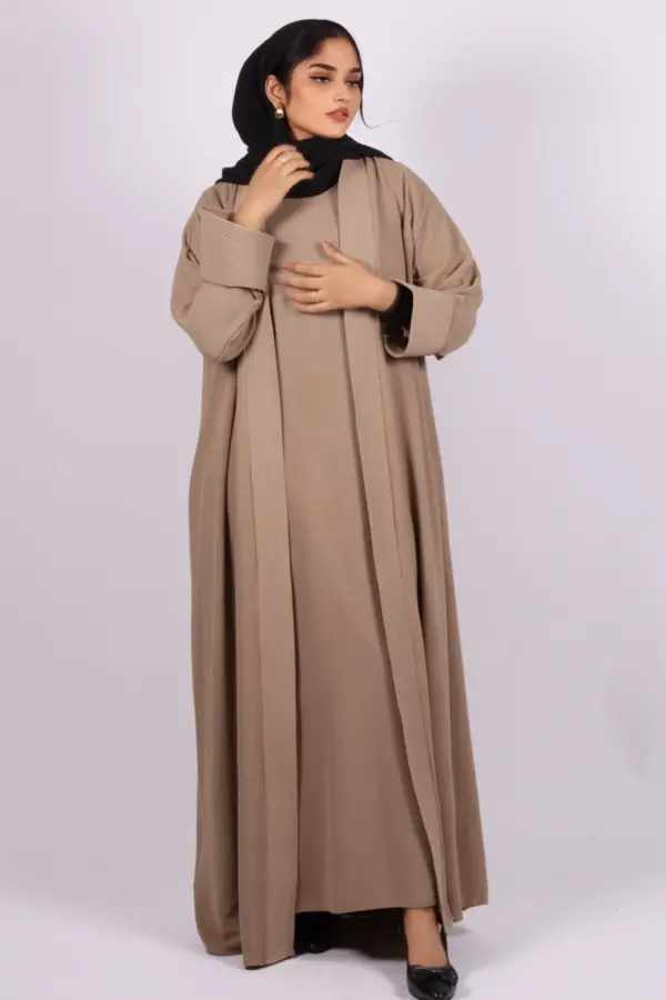 Miraj Crinkled Cotton Jazz Lapel Abaya with Inner - Fawn - Image 1
