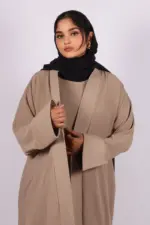 Miraj Crinkled Cotton Jazz Lapel Abaya with Inner - Fawn - Image 2