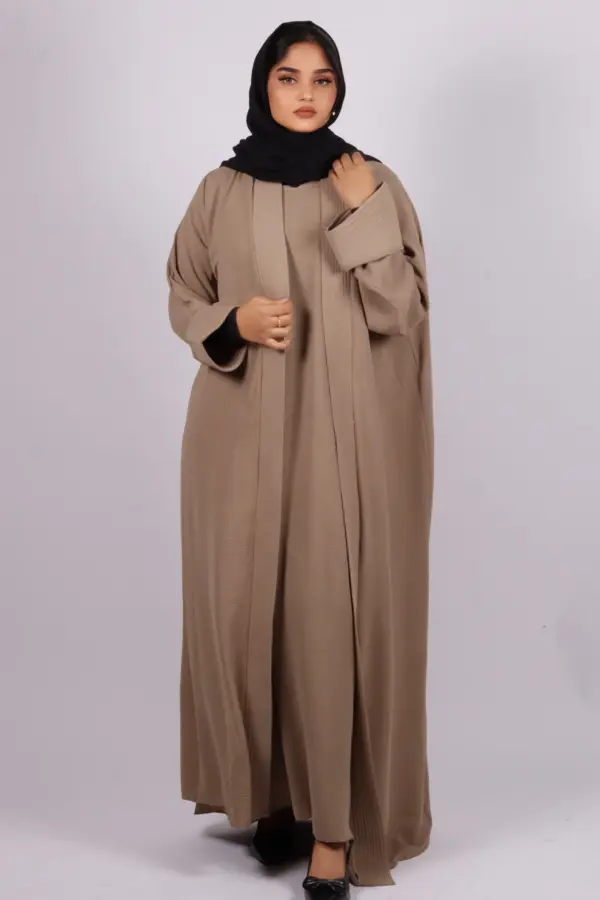 Miraj Crinkled Cotton Jazz Lapel Abaya with Inner - Fawn - Image 3