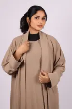 Miraj Crinkled Cotton Jazz Lapel Abaya with Inner - Fawn - Image 4
