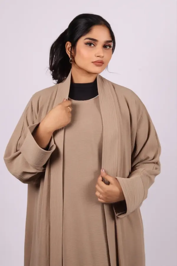 Miraj Crinkled Cotton Jazz Lapel Abaya with Inner - Fawn - Image 4