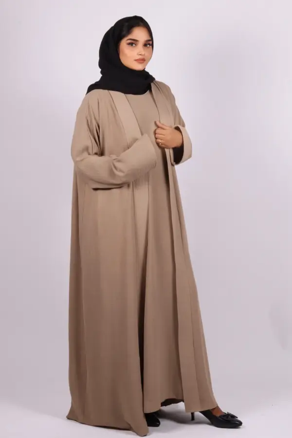 Miraj Crinkled Cotton Jazz Lapel Abaya with Inner - Fawn - Image 5